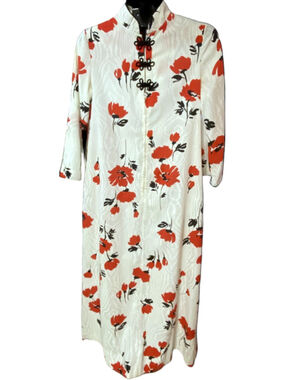 David Brown California Vintag Cheongsam Dress Sm Cream Red Poppy Floral w/ Pkts